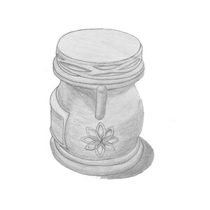 May include: A hand-drawn illustration of a gray ceramic jar with a decorative floral design. The jar has a lid with a rope-like design.