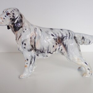 May include: A white and black porcelain figurine of a hunting dog, a setter, standing with its head turned to the left. The dog has brown eyes and a black nose.