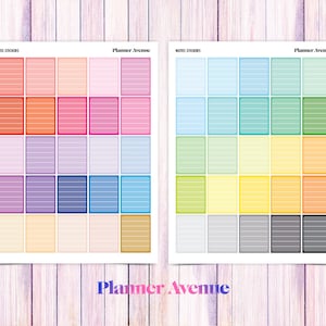 May include: Two sheets of colorful note stickers with lined squares. The sheets are labeled "Notes Stickers" and "Planner Avenue".