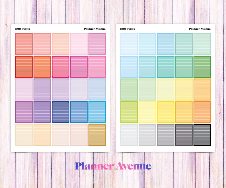 May include: Two sheets of colorful note stickers with lined squares. The sheets are labeled "Notes Stickers" and "Planner Avenue".