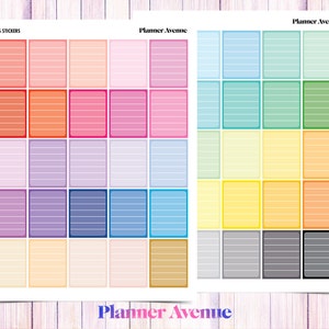 May include: A sheet of colorful planner stickers with lined boxes. The stickers are in various colors, including pink, blue, yellow, green, and orange. The text "Planner Avenue" appears at the top and bottom of the sheet.
