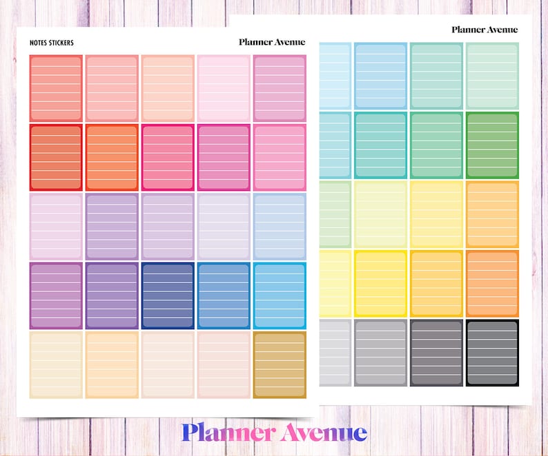 May include: A sheet of colorful planner stickers with lined boxes. The stickers are in various colors, including pink, blue, yellow, green, and orange. The text "Planner Avenue" appears at the top and bottom of the sheet.