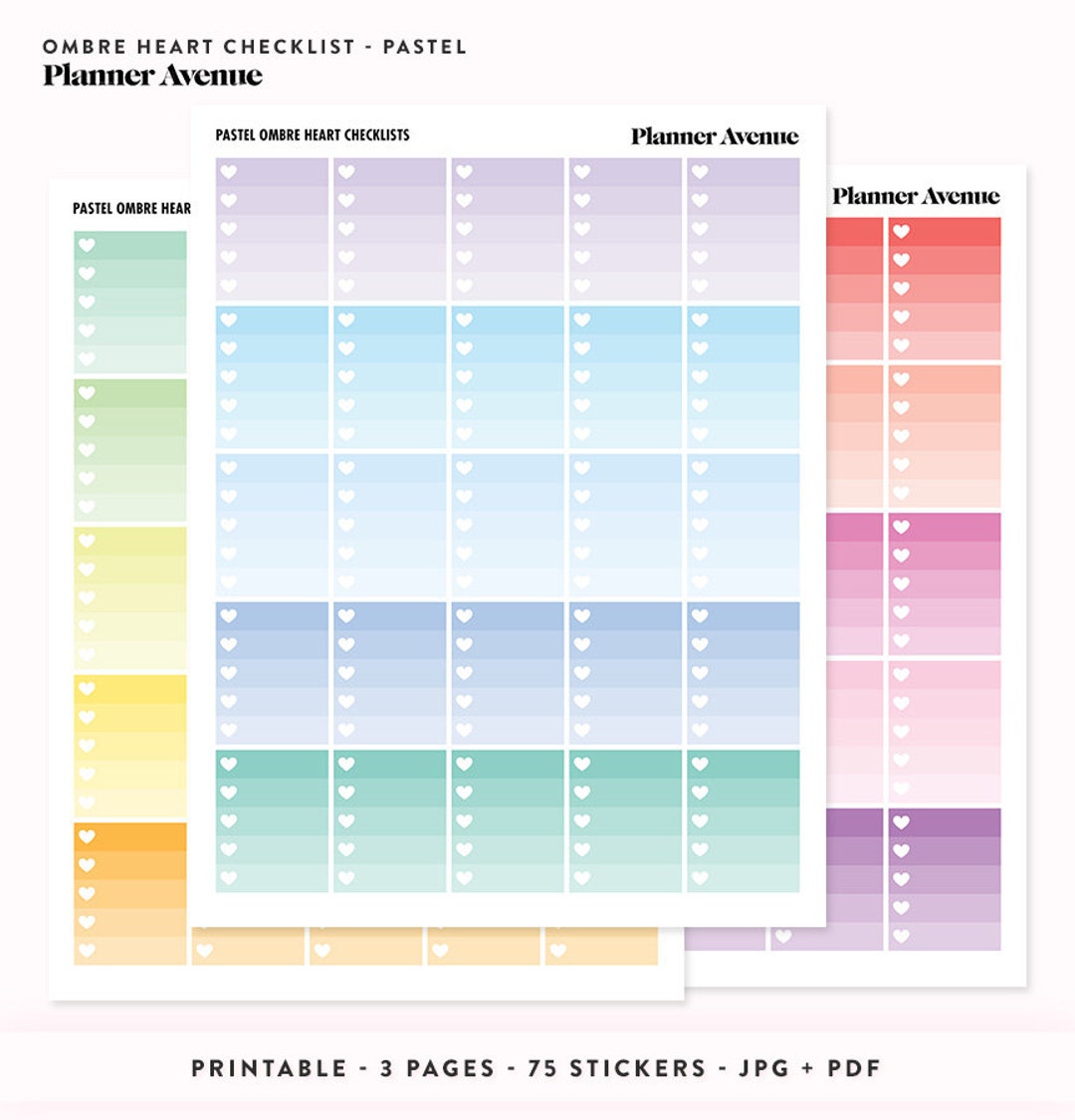 Pastel Ombre Heart Stickers, Checklist, Printable Erin Condren Planner ...
