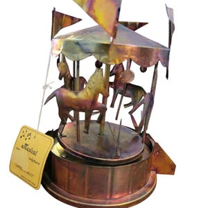 Vintage Copper Tin Musical Carousel 1960s 70&#39;s Sankyo Japan Wind Up Top Read