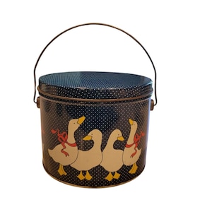 Vintage 1980s Goose Tin With Metal Handle Canister Geese Ducks Cottage