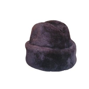 May include: A dark brown, faux fur hat with a rounded crown and a slightly upturned brim. The hat has a soft, plush texture and appears to be made of a synthetic material. The hat is designed to keep the head warm.