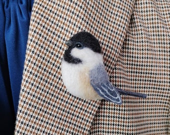 Needle Felted Chickadee Brooch, Bird Jewelry, Autumn Accessory