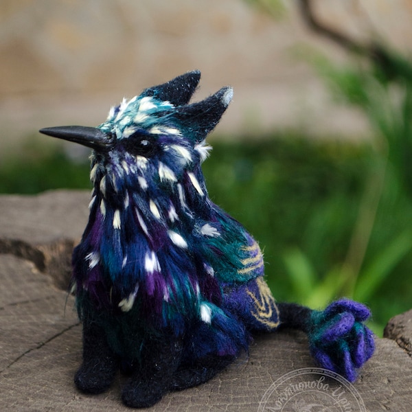 Needle Felted Griffin Starling Sculpture: Fantasy animal art