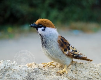 Nadel gefilzter Vogel. Kleiner Vogel. Spatz. Miniatur. Ornithologie, Filzskulptur, Ausgestellter, Puppe Haustier, Spielzeugtier, Filztier.