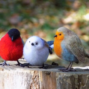 May include: Three felt bird figurines, a red robin, a white chickadee, and a blue robin, perched on a tree stump.