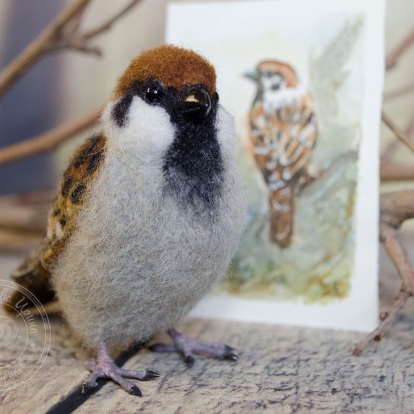 Needle felted bird. Needle felted animal. Couple of Bird. Brow bird. Sparrow. Little bird. Miniature. Soft sculpture.