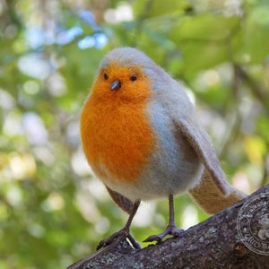 May include: A small, orange and gray felt bird with a black eye, perched on a branch. The bird is a robin, a common songbird.