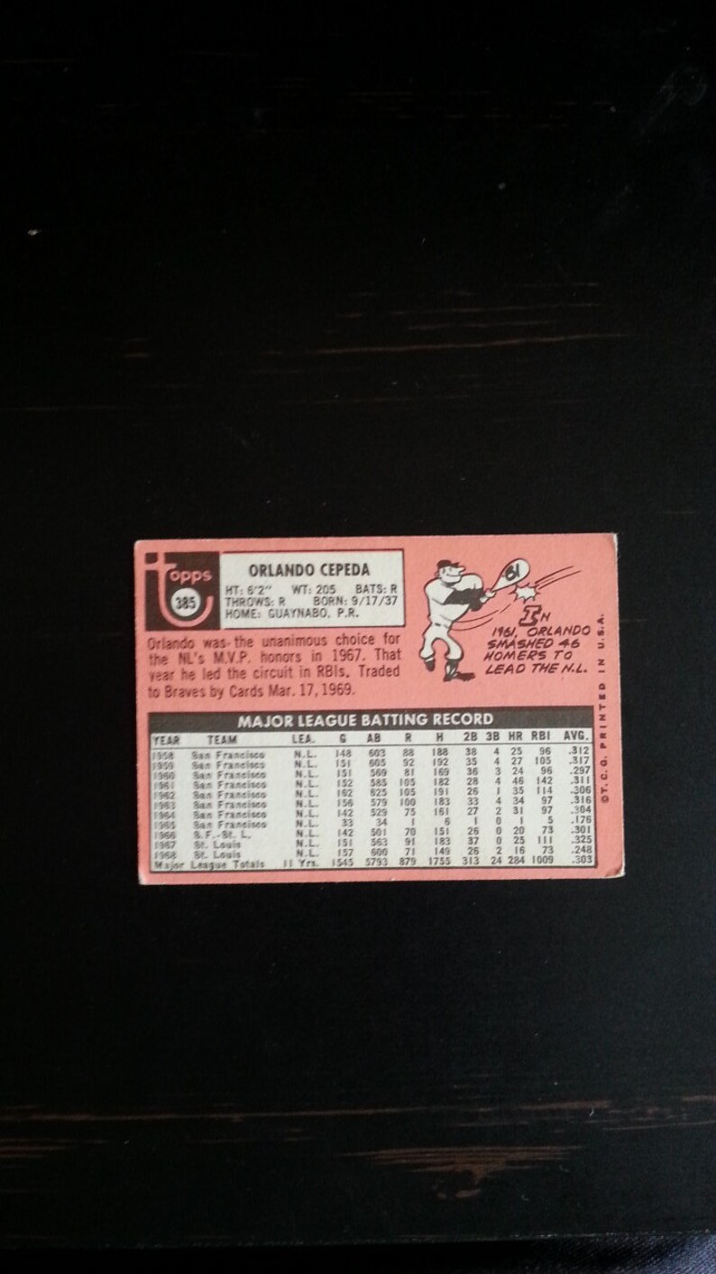 Very Good Shape 1969 Orlando Cepeda Topps # 385 Card