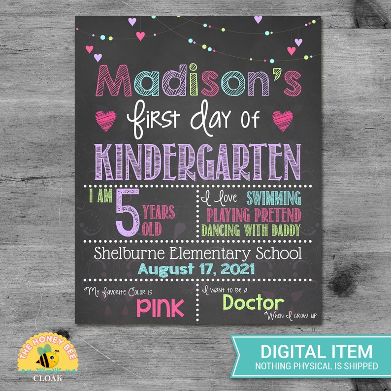 First Day of Kindergarten Sign Printable Photo Prop 1st Day of School Chalkboard Sign Personalized Back to School Girl Sign ANY GRADE 100586 
