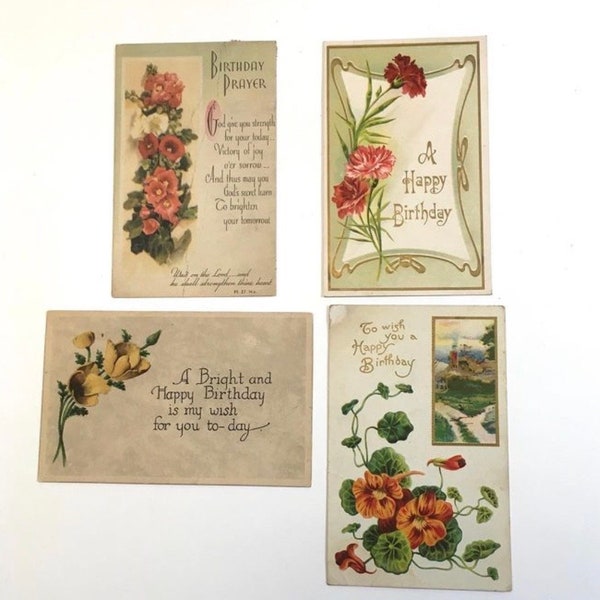 Antique and Vintage birthday postcards, lot of 4. As shown. Instant collection great for scrapbooking, collage, display.