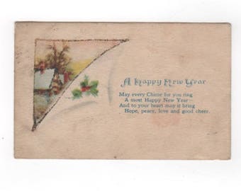 A Happy New Year. Glittered Antique postcard. Collectible ephemera card embellishment scrapbook collage.