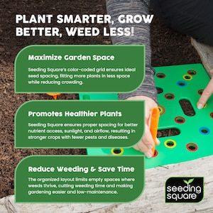 May include: A green Seeding Square gardening tool with color-coded holes is shown in use. The text reads "Plant Smarter, Grow Better, Weed Less!" and highlights benefits like maximizing garden space and reducing weeding time. A hand is using the tool.