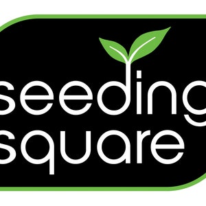 May include: A black and green logo with the text "seeding square" in white. A green sprout with two leaves is above the text.