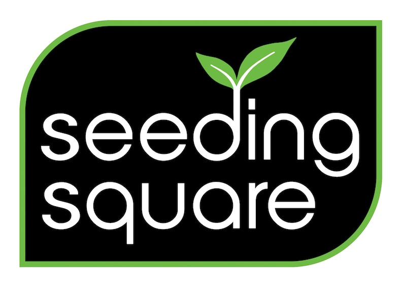 May include: A black and green logo with the text "seeding square" in white. A green sprout with two leaves is above the text.