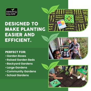 May include: Green and black seeding square gardening tool with the text "DESIGNED TO MAKE PLANTING EASIER AND EFFICIENT." The image also shows the seeding square in use in a garden. The text also lists the perfect uses for the seeding square.
