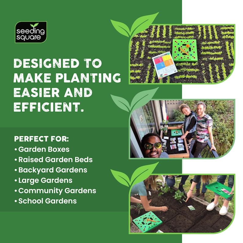 May include: Green and black seeding square gardening tool with the text "DESIGNED TO MAKE PLANTING EASIER AND EFFICIENT." The image also shows the seeding square in use in a garden. The text also lists the perfect uses for the seeding square.
