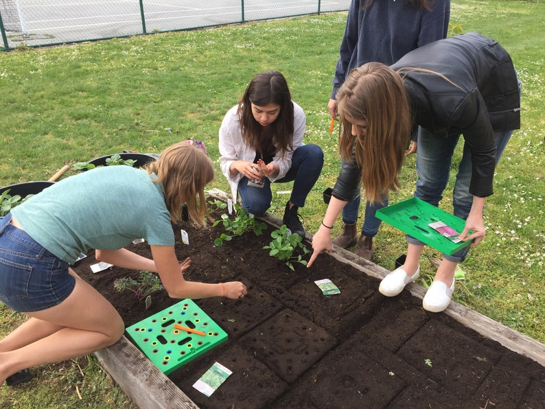 May include: A group of people planting seedlings in a raised garden bed. They are using green planting tools and seed packets. The garden bed is filled with dark soil and surrounded by grass.