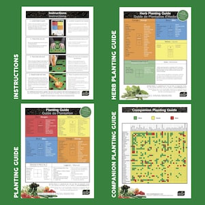 May include: Four colorful charts with instructions and guides for planting herbs and companion plants. The charts are divided into sections with color-coded squares and text in English and French. The charts include information on planting depth, spacing, and companion planting.