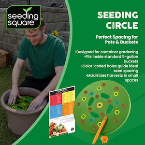 May include: A green Seeding Circle tool with color-coded holes for container gardening. The tool fits inside 5-gallon buckets and helps with seed spacing. A planting guide and an orange tool are also visible.
