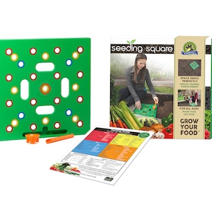 May include: A green Seeding Square gardening tool with colored planting guides and a box that says "seeding square" and "Grow Your Food". Includes a planting guide and orange tools.