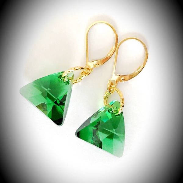 Moss green Swarovski crystal faceted Trillions with gold plated rings on 14k gold filled lever backs.