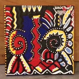 May include: Abstract painting on canvas with black, white, red, yellow, blue, and green colors. The painting features a variety of geometric shapes and patterns, including swirls, dots, and zigzags. The artist's signature, "NAUC TARU", is visible in the upper right corner.