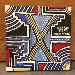 May include: A colorful abstract painting on canvas with geometric shapes in blue, yellow, red, white, and black. The painting has a signature in the bottom right corner that reads "NAUC TARU".