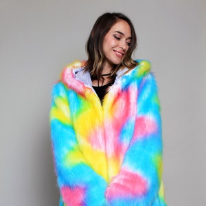 Rainbow Pride Unicorn Festival Birthday Gift Costume Playa Coat Colorful Outfits Fake Fur Shiny Jacket Clothing Women Rave image 2