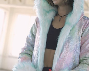 Reversible Faux Fur Coat: Unicorn Glow, Iridescent Rainbow Velvet Lining
