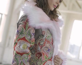 Handmade Reversible Faux Fur Coat: Pink Mandala Embroidery, Boho Festival Jacket