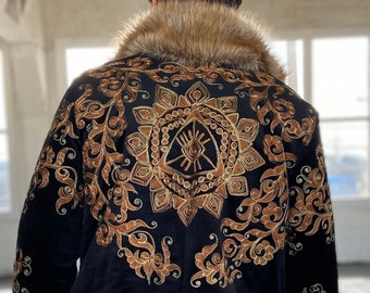 The EYE Embroidery Fur Coat Handmade: Reversible Ethnic Festival Jacket