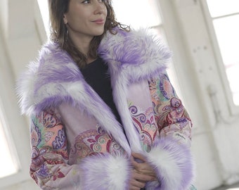Handmade Purple Faux Fur Coat: Embroidered Mandala Reversible Festival Jacket