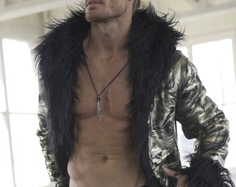 Gold Paint Faux Fur Coat: Reversible Rave Burning Man Hooded Jacket
