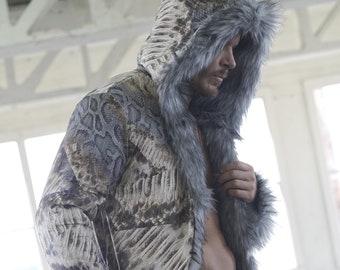 Dust Snake Faux Fur Festival Coat: Snake Print Lining, Hooded Shuba Design