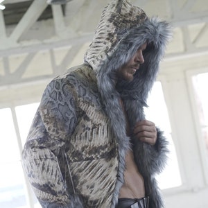 Dusty Snake Shaman Festival Faux Fur Coat Reversible Boho Tribal Fashion Dune Shirt Clothing Playa Jacket Party Men Wolf Fur Shuba Designs