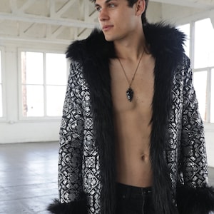 Silver Fur Coat Iridescent Mens Shiny Holographic Clothing Man Boho Coat Party Costume Playa Disco Jacket Men XXL