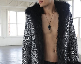 Silver Fur Coat Iridescent Mens Shiny Holographic Clothing Man Boho Coat Party Costume Playa Disco Jacket Men XXL