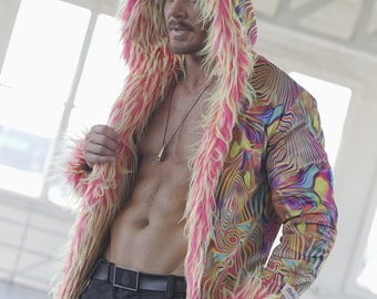 Neon Trip Faux Fur Coat: Psychedelic Rave Burning Man Outfit
