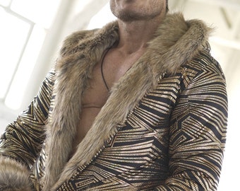 Gold Fox Faux Fur Coat: Reversible Burning Man Festival Jacket