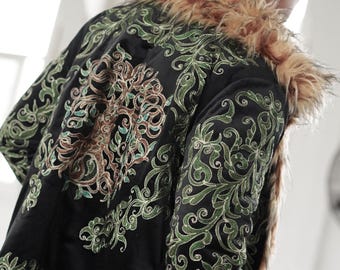 Embroidered Faux Fur Coat: Reversible Ethnic Festival Jacket