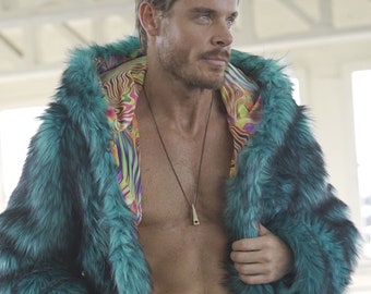Cosmic Blue Rave Outfit Burning Man Festival Faux Fur Psychedelic Art Trippy Disco Decor Clothing Jacket Party Wear Acid Men Fur Playa Coat