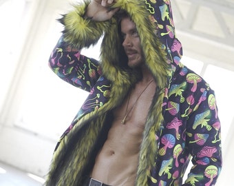 Neon Mushroom Dream Faux Fur Coat: Reversible Festival Rave Outfit