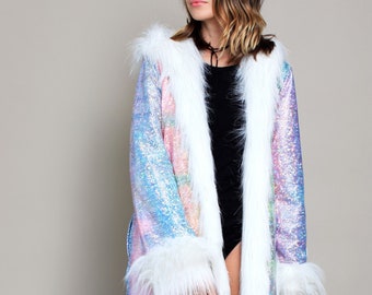 Licorne sourire fausse fourrure manteau blanc brillant arc-en-ciel Boho Disco homme femmes Playa porter veste Festival Rave couleurs brûlantes vêtements