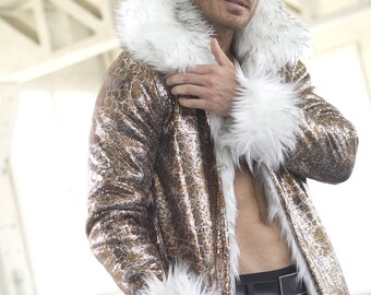 Disco Gold Burning Man Festival White Fake Fur Coat Rave Costume Mens Clothing Wear Shiny Holographic Led Rave Sequin Cape Mens Playa Jacket