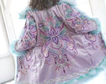 Mint Purple Mandala Embroidery Faux Fur Coat: Reversible Festival Jacket